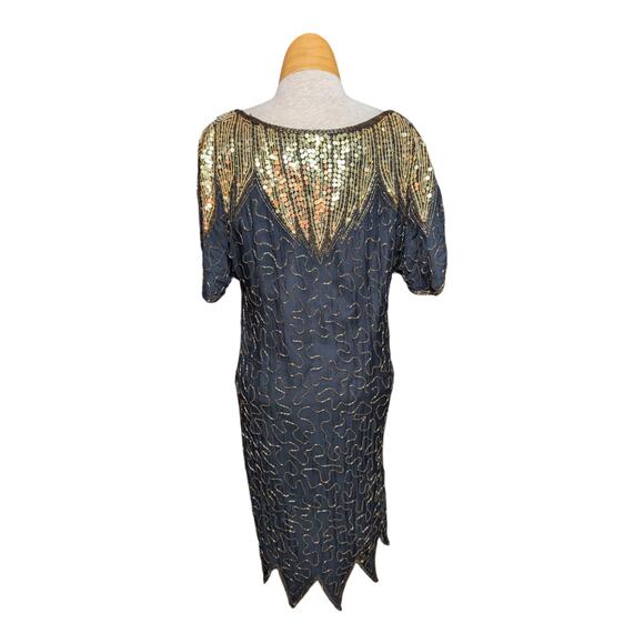 Vtg 1980s Black 100% Silk Gold Butterfly Sequin Embellished Sheath Dress Sz M - Picture 3 of 6